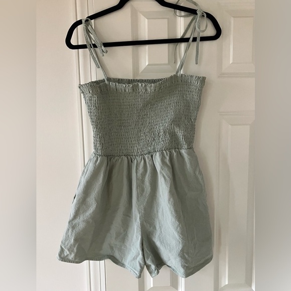 Molly Green Pants - Molly Green Smocked Romper with Tie Straps & Pockets (Large)